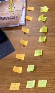 All my upcoming tasks, written on small Post-It Notes, spread out all over my desk in an attempt to organize them by week.
